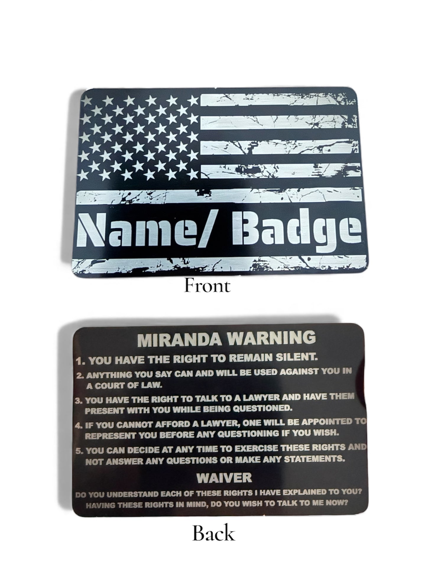 Personalized metal miranda card (double sided)