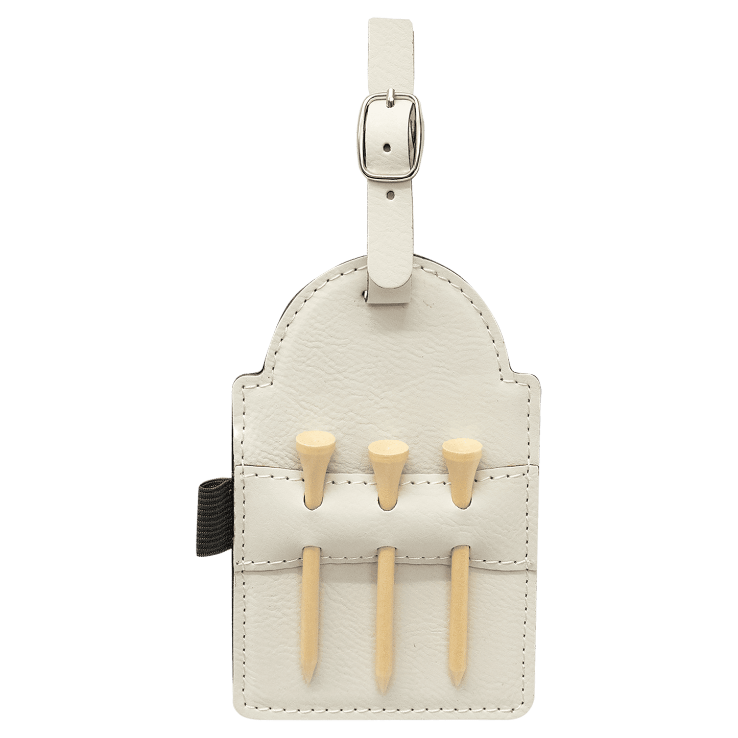 White Leatherette Golf Bag Tag with 3 Wooden Tees