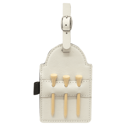 White Leatherette Golf Bag Tag with 3 Wooden Tees