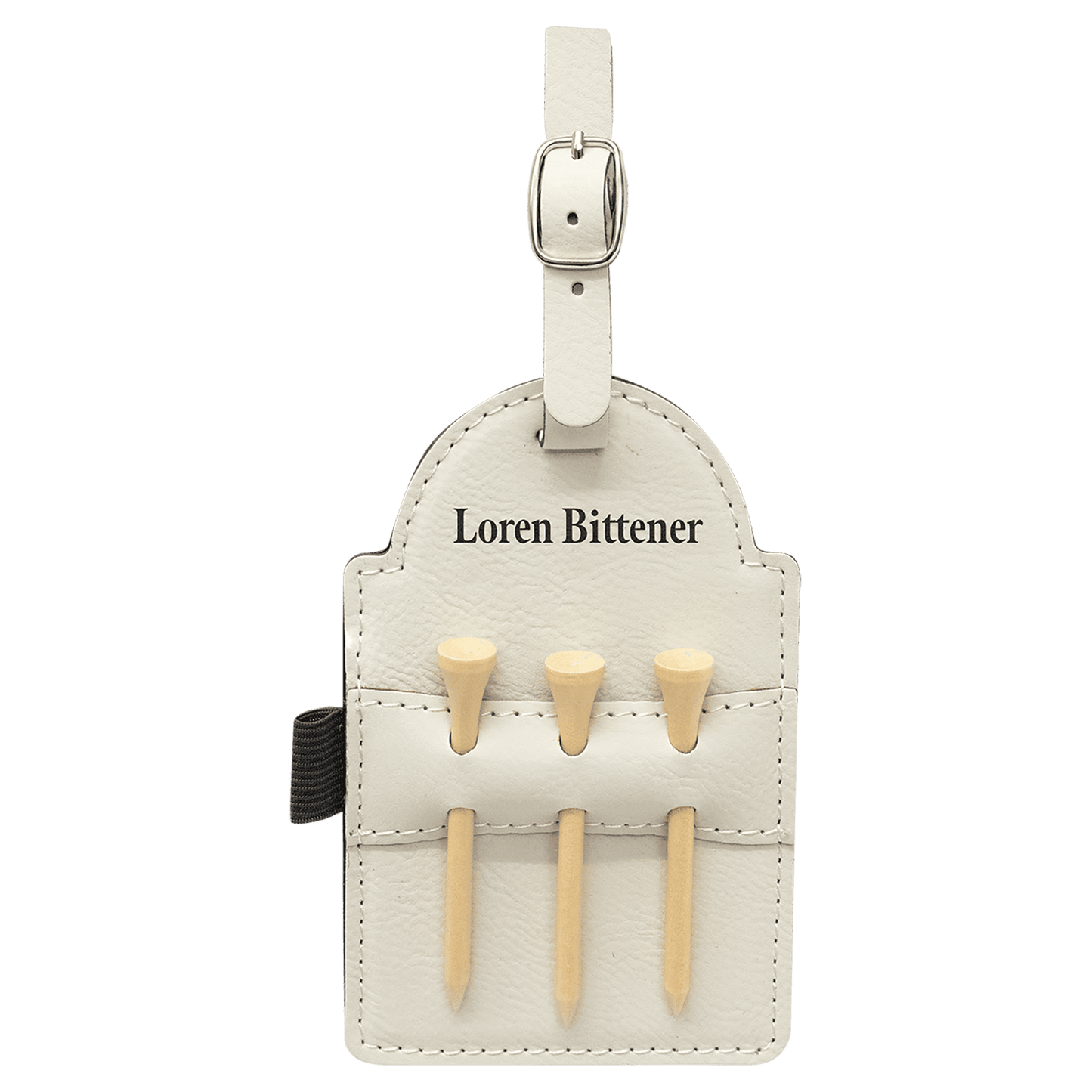 White Leatherette Golf Bag Tag with 3 Wooden Tees
