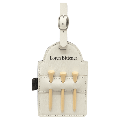 White Leatherette Golf Bag Tag with 3 Wooden Tees